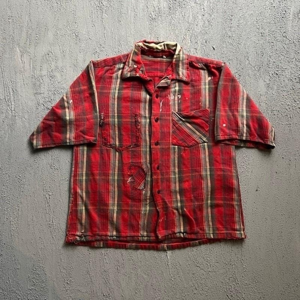 Vintage Flannel Shirt Mens Medium Red 1970s Plaid Distressed Faded USA